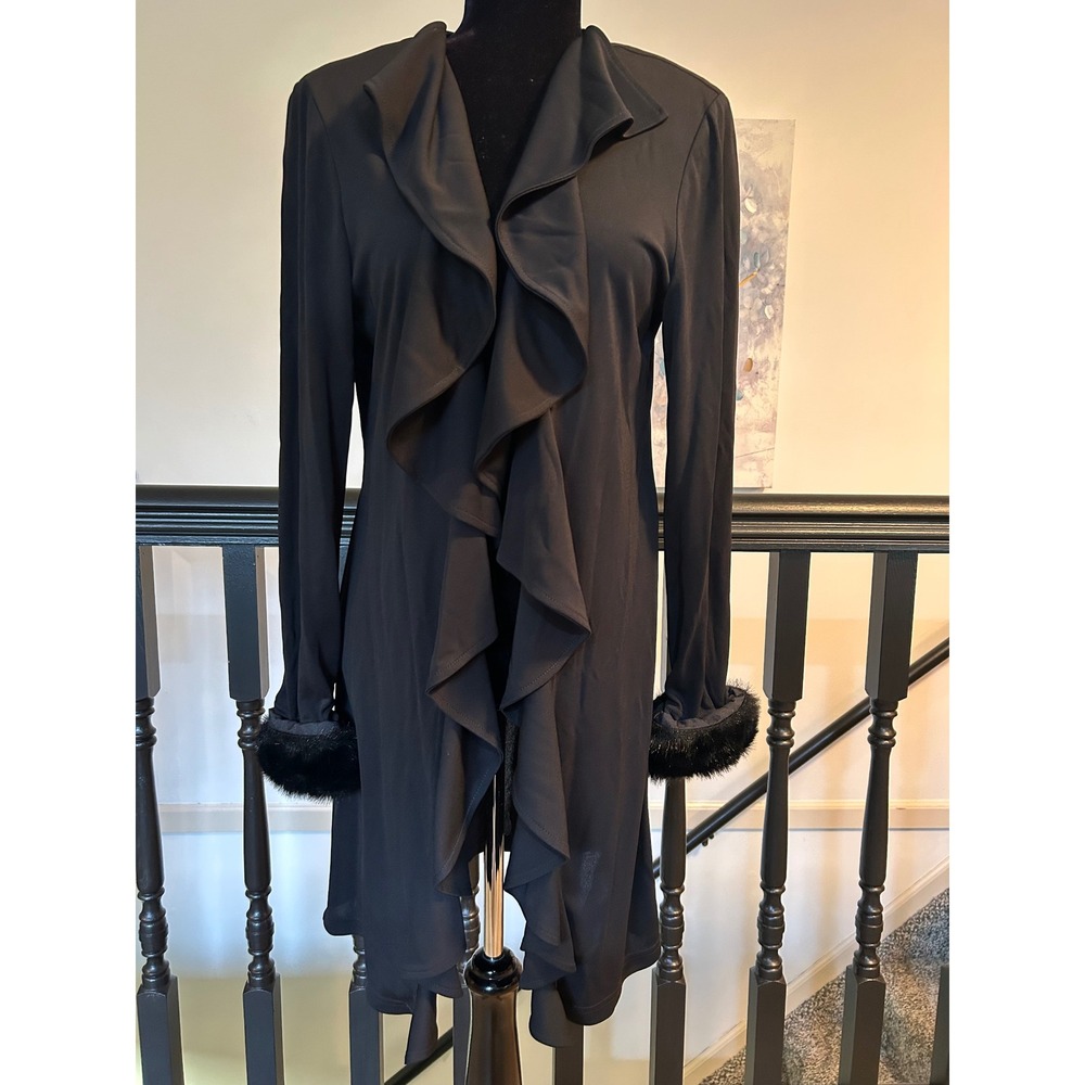Vintage Joseph Ribkoff Couture Black Ruffle Faux Fur Cuff Cardigan Duster